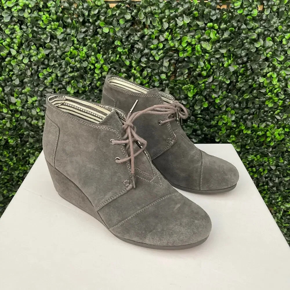 TOMS, Grey Suede Leather Wedge Booties, Women’s Size 11